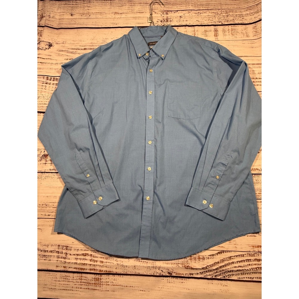 Van Heusen Mens XL Classic Fit Light Blue Micro Check Long Sleeve Button Down
